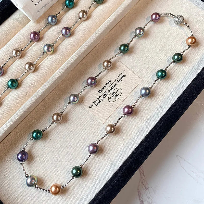 Mixed color Shijia pearl necklace with round ball magnetic buckle and real gold plated copper inlaid zircon pendant