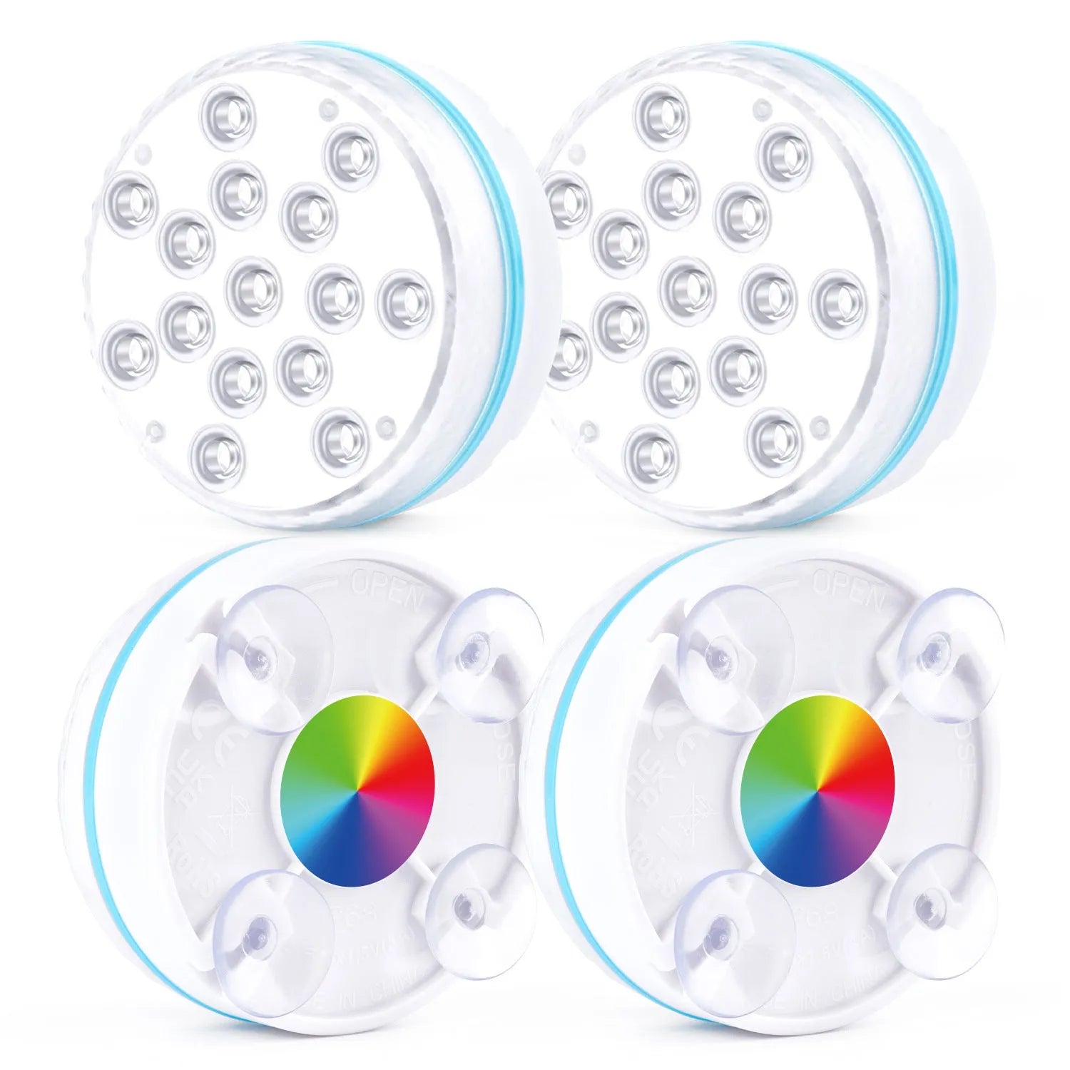 13-LED submersible light with suction cup in pool showing 16 colours