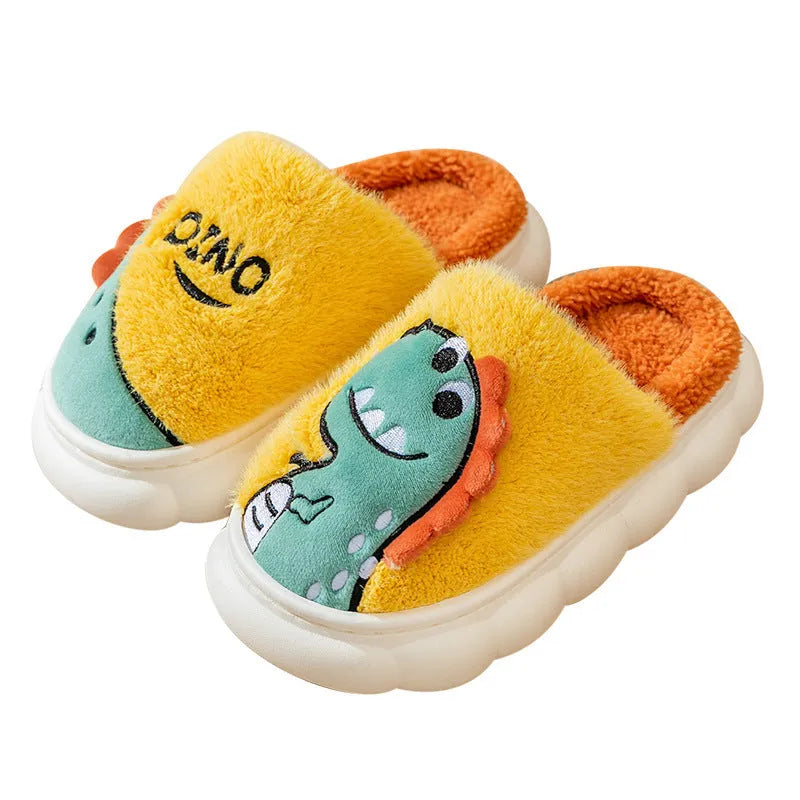 Cotton plush couple slippers with dinosaur themes in coffee, grey and orange colours