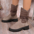 Women's black suede chunky heel snow boots with lace-up high-top and fleece lining.