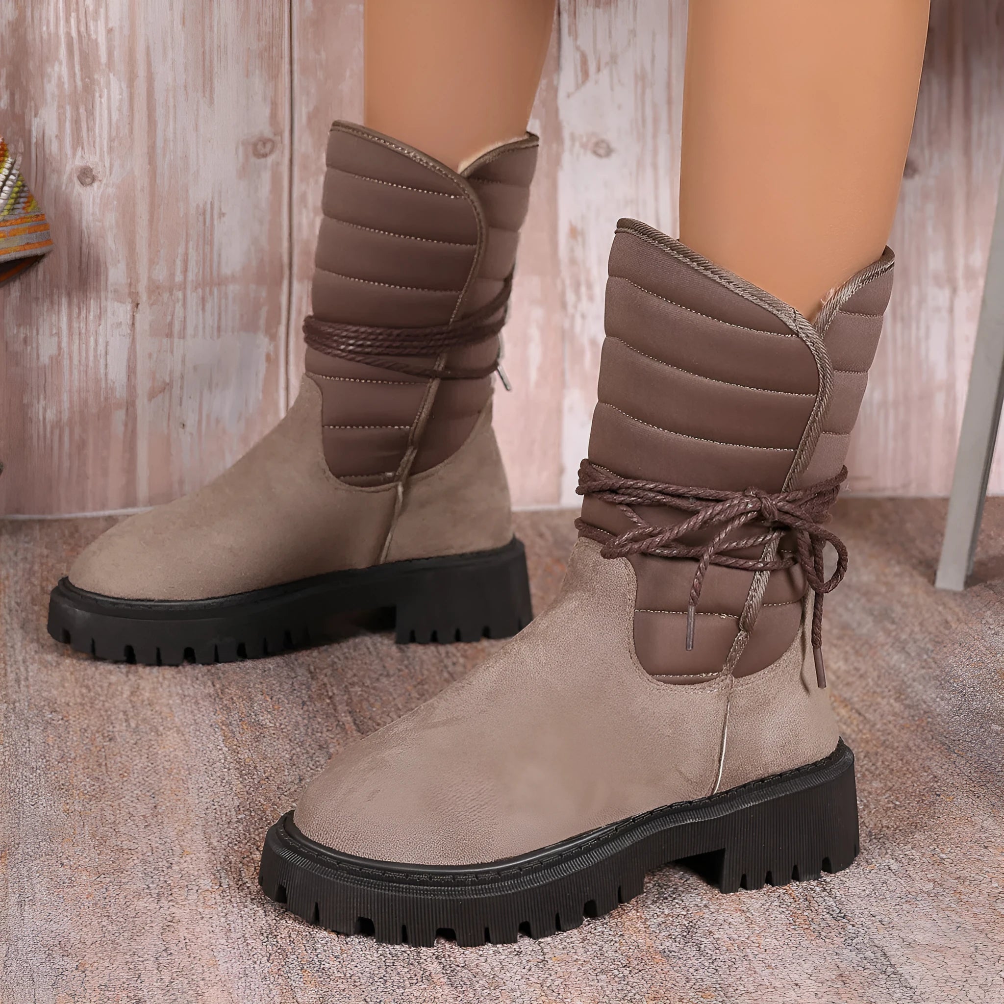 Women's black suede chunky heel snow boots with lace-up high-top and fleece lining.