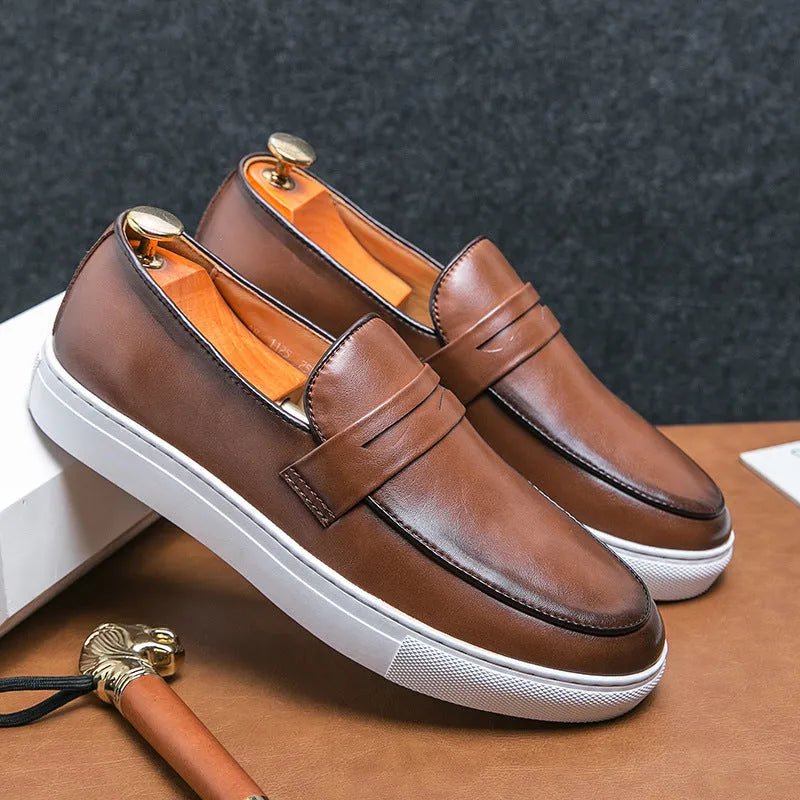 Plus size board shoes for men in brown with flat heel and rubber sole, size 44