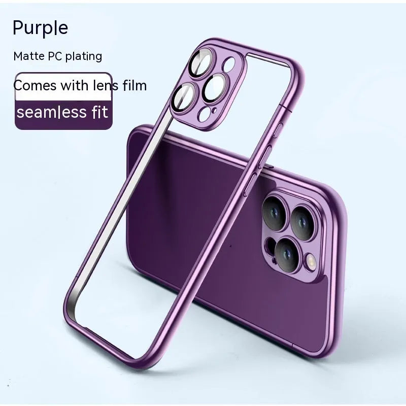 Matte electroplating frame phone case for iPhone 15 Pro Max in titanium gray with glass lens protector