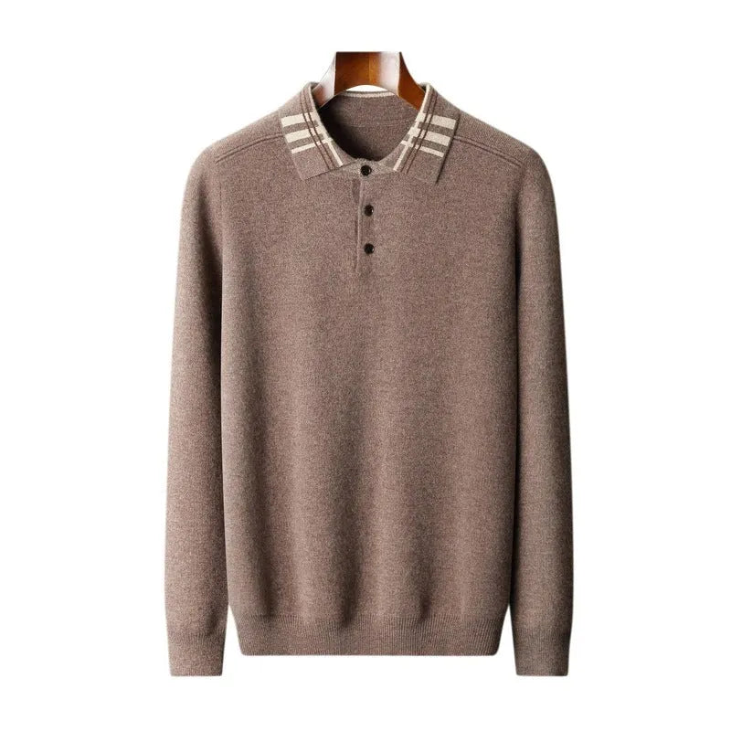 Men's cashmere loose fit pullover in coffee colour with jacquard knit and lapel collar