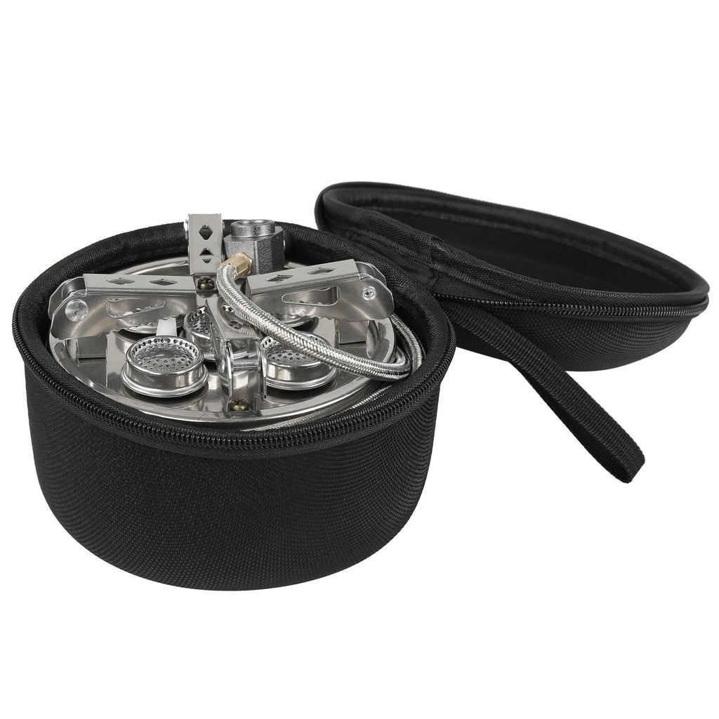 Silver stainless steel split camping stove with foldable design and 100cm gas hose