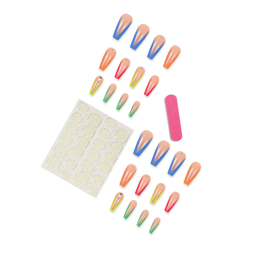 Detachable nail tips with diamond colour French finish and cartoon, love, cross heart patterns, plus jelly glue and filing strip.