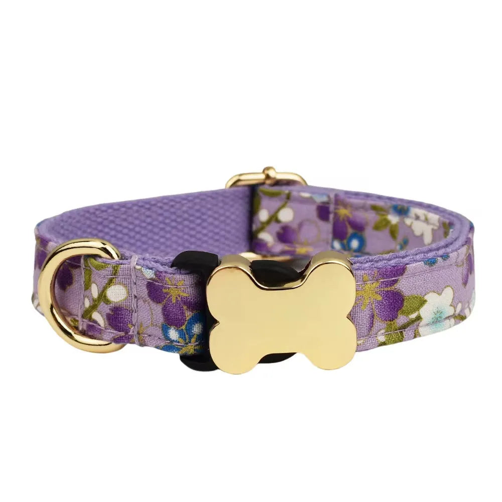 Flat fabric printed grid dog collar with bone buckle in multiple colour options