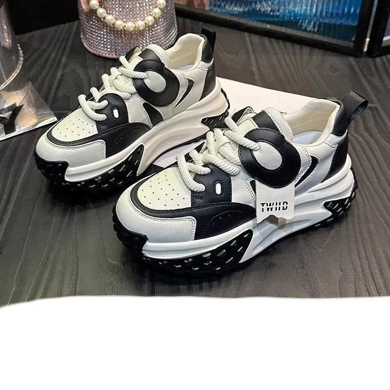 Leather sports casual shoes with thick sole and wedge heel in various colour options