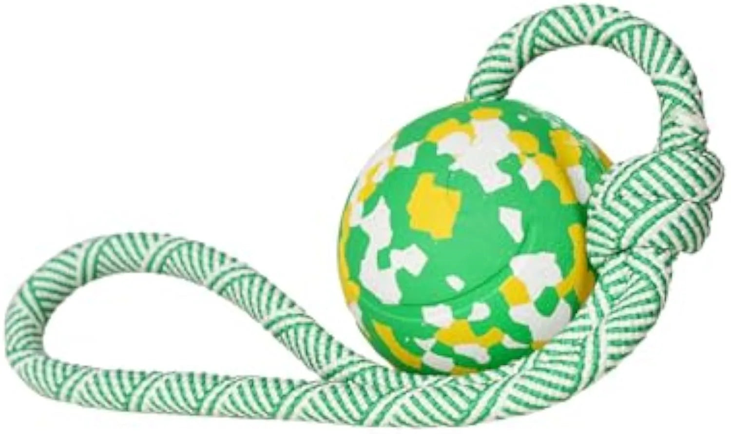 Natural rubber dog ball attached to a nylon rope toy for medium and small breeds
