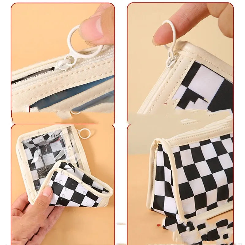 Transparent PVC pencil case with chessboard pattern in black and white grid design