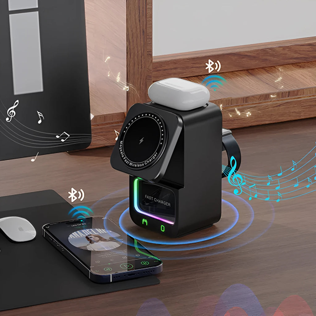 White and black Bluetooth speaker wireless charger with phone mounted magnetically.
