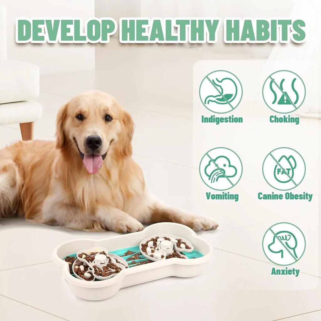 Large green slow feeder dog bowl with three separable puzzle trays for extended feeding time