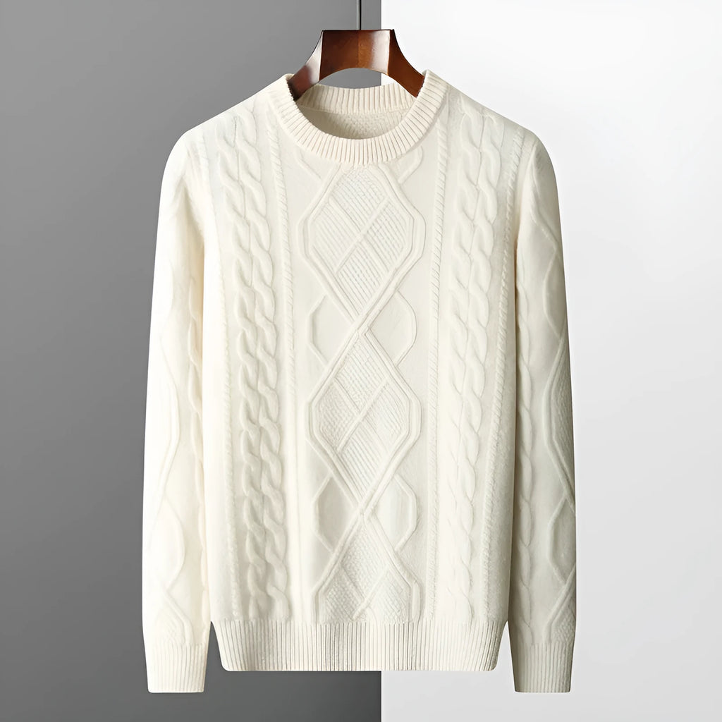 Men's oversized thick knit jacquard pullover sweater in AB Gray with twist round neck and long sleeves