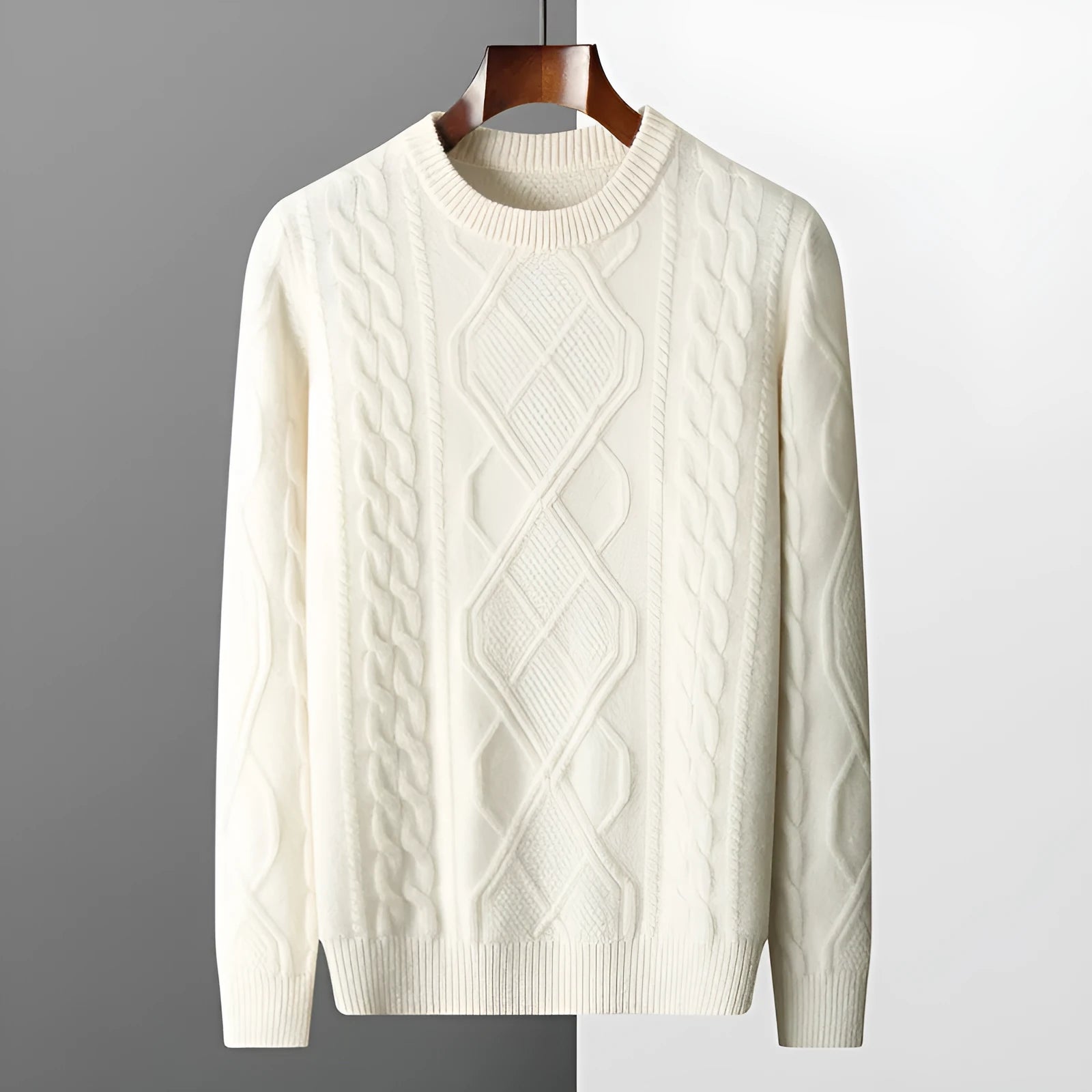 Men's oversized thick knit jacquard pullover sweater in AB Gray with twist round neck and long sleeves
