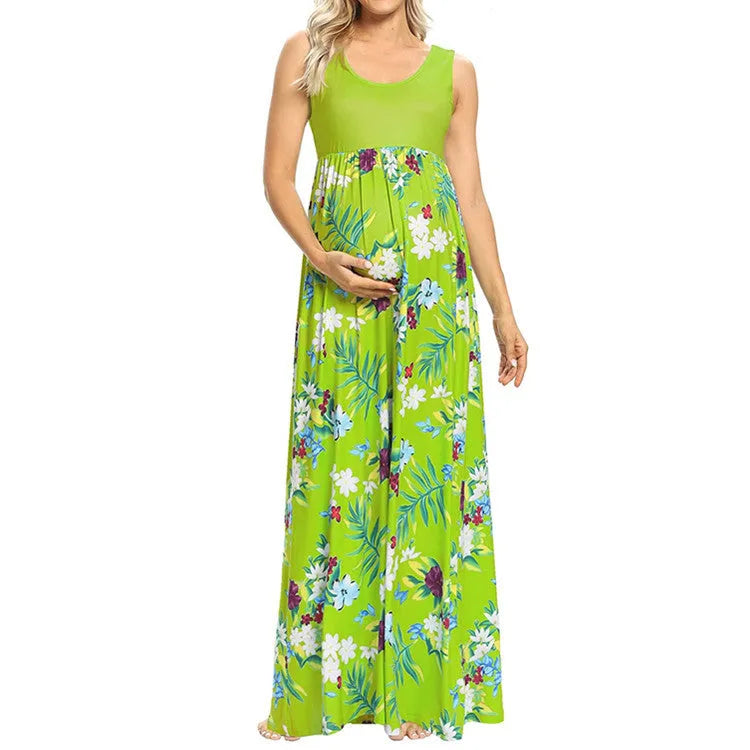 Fashion print stitching round neck maternity dress in light green, sleeveless swing style with high waist, for summer