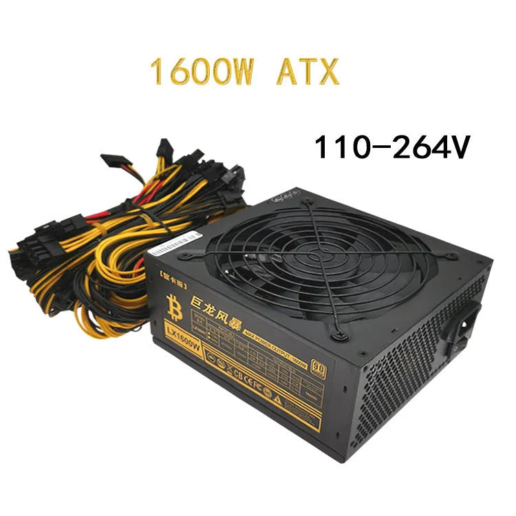 Black full voltage 110V server power supply unit with visible connectors including 4+4 CPU and multiple 6+2 pin GPU interfaces.