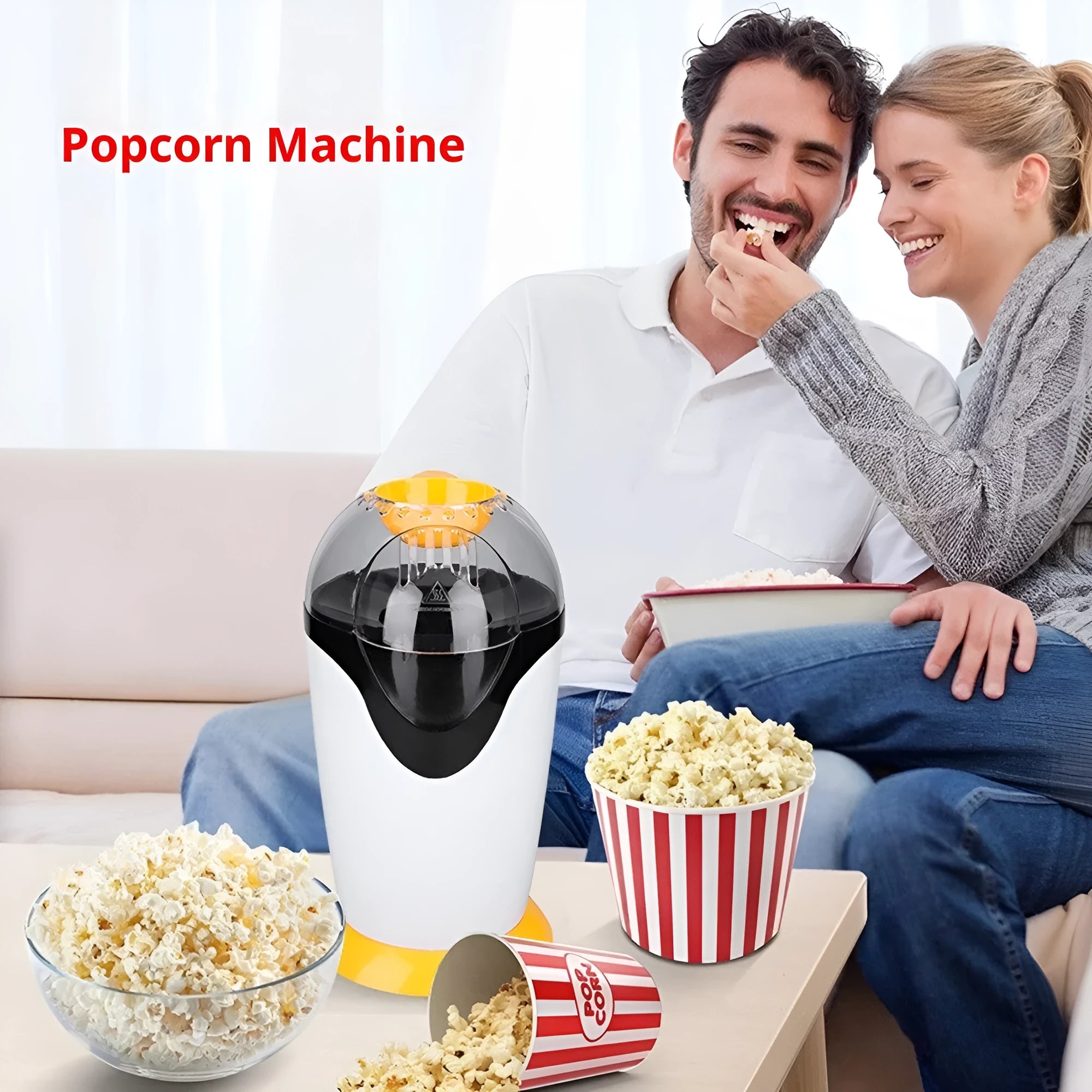 Household mini electric blowing popcorn machine in European White with EU plug