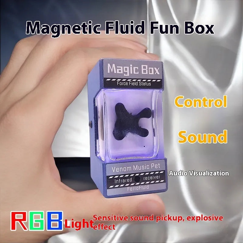 Magnetic fluid music visualisation light with black fluid and white LED, wooden shell, 95x60x63mm