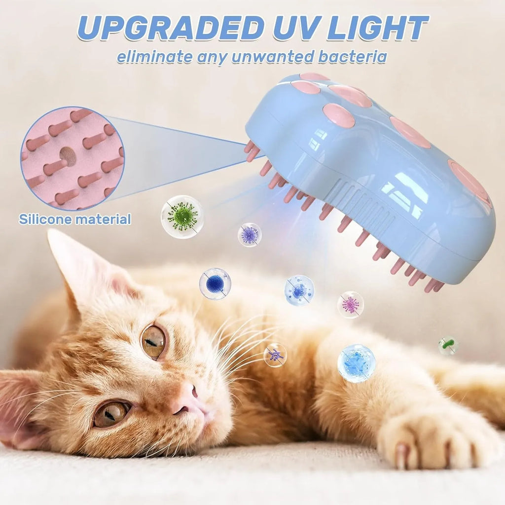 Blue self-cleaning cat grooming brush with silicone bristles and steam spray function on a pink background.