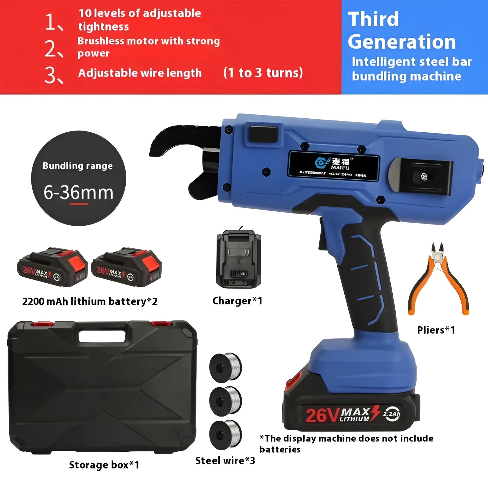 Fully automatic electric steel bar tying machine with battery and adjustable wire length