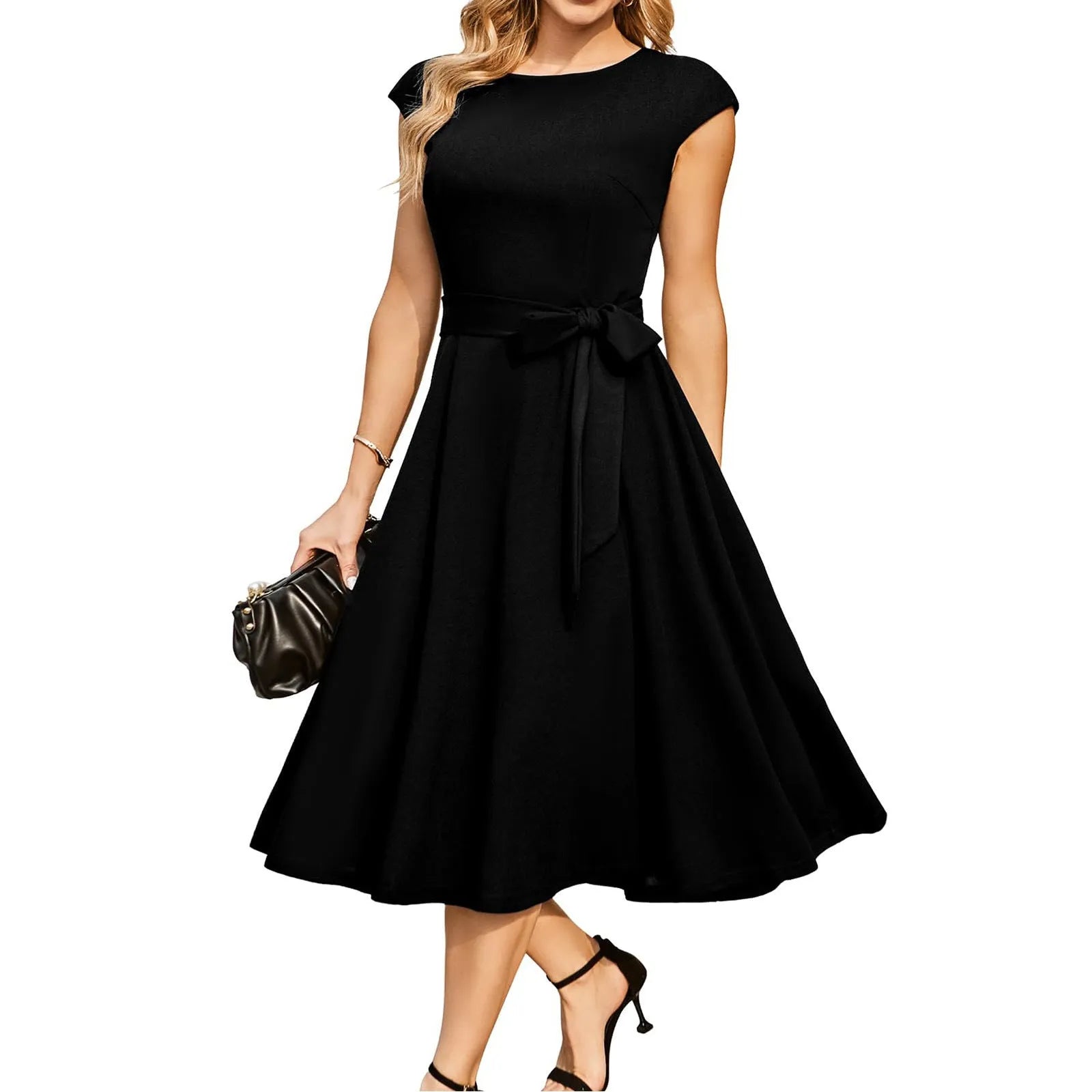 Sleeveless black midi dress with lace-up waist detail and a full swing skirt.