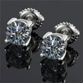 Women's screw back moissanite stud earrings with geometric setting on silver