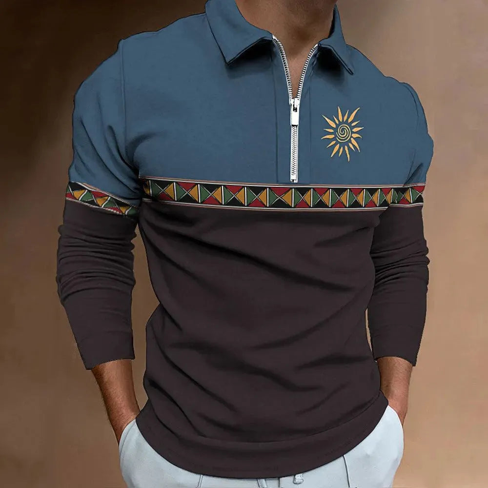 Men's long sleeve t-shirt with retro colour printing and striped zipper decoration on polyester bird eye cloth