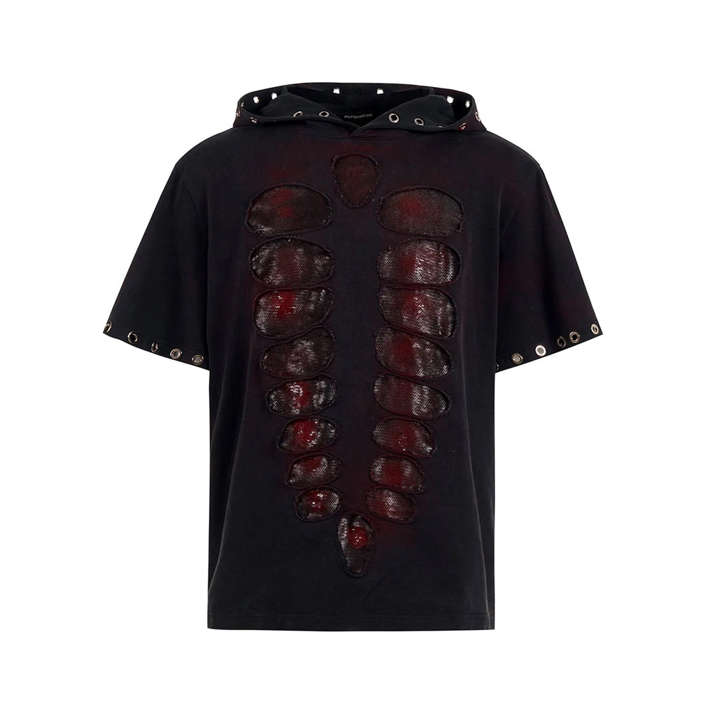Black men's hooded T-shirt with short sleeves and sequin decoration.
