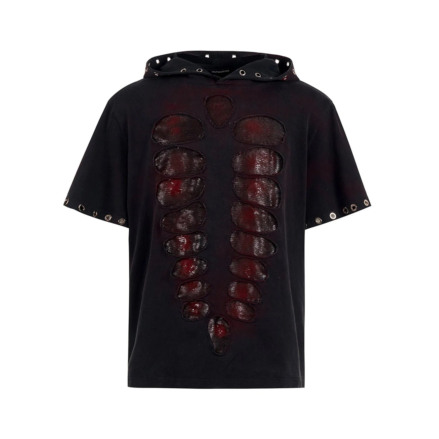 Black men's hooded T-shirt with short sleeves and sequin decoration.
