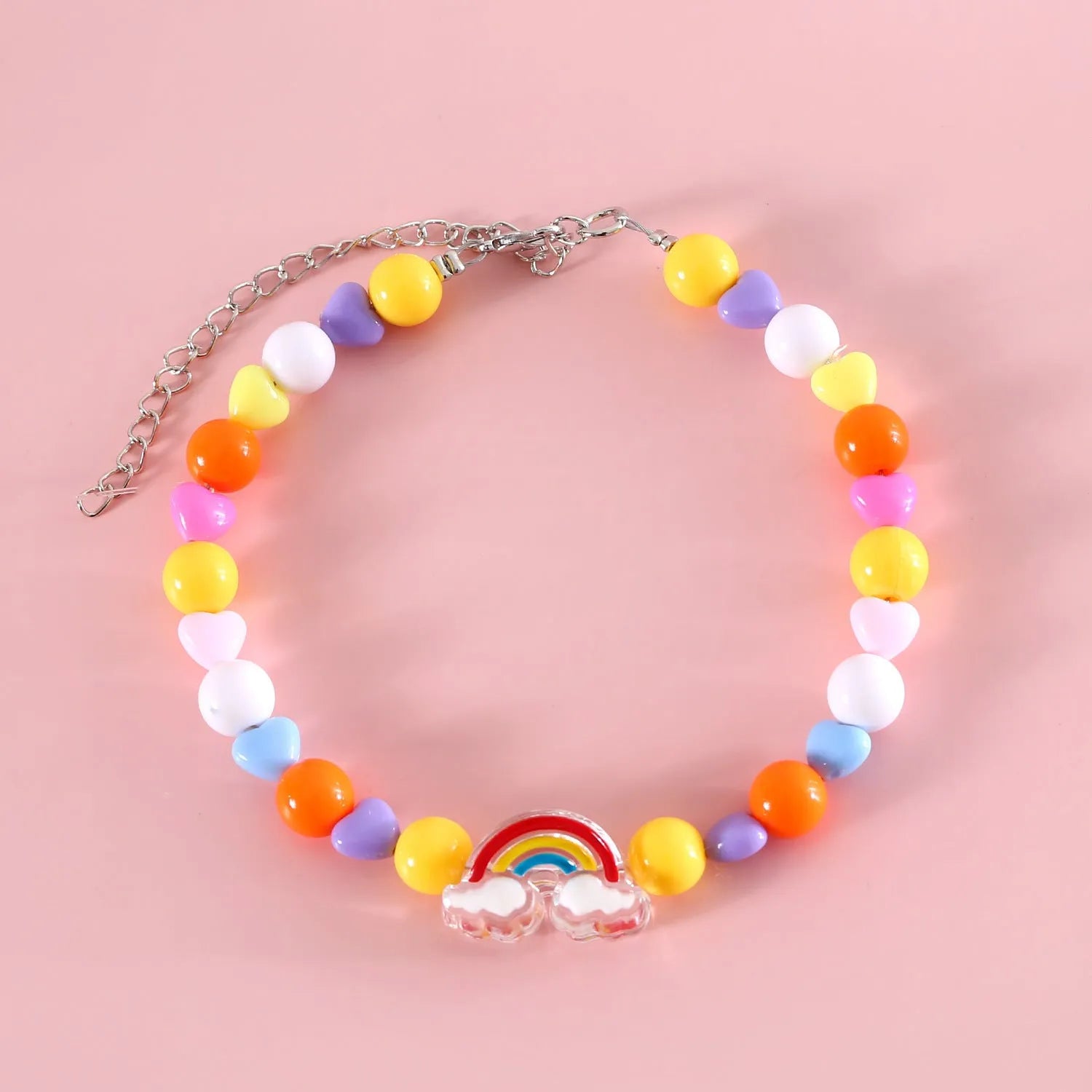 Colourful plastic bead cat necklace in small flower, rainbow, or peach design on adjustable cord.