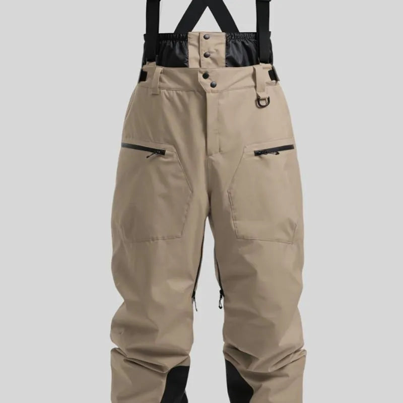 Men's black waterproof ski trousers with adjustable belt straps made from thick linen fabric.