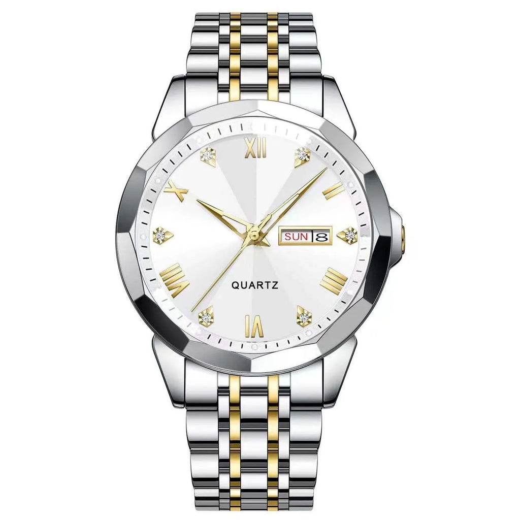 Business men's double calendar quartz watch with stainless steel strap and mineral glass face, available in multiple colours