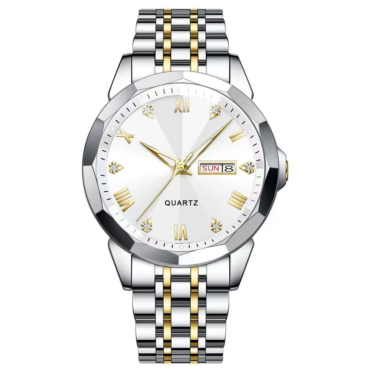 Business men's double calendar quartz watch with stainless steel strap and mineral glass face, available in multiple colours