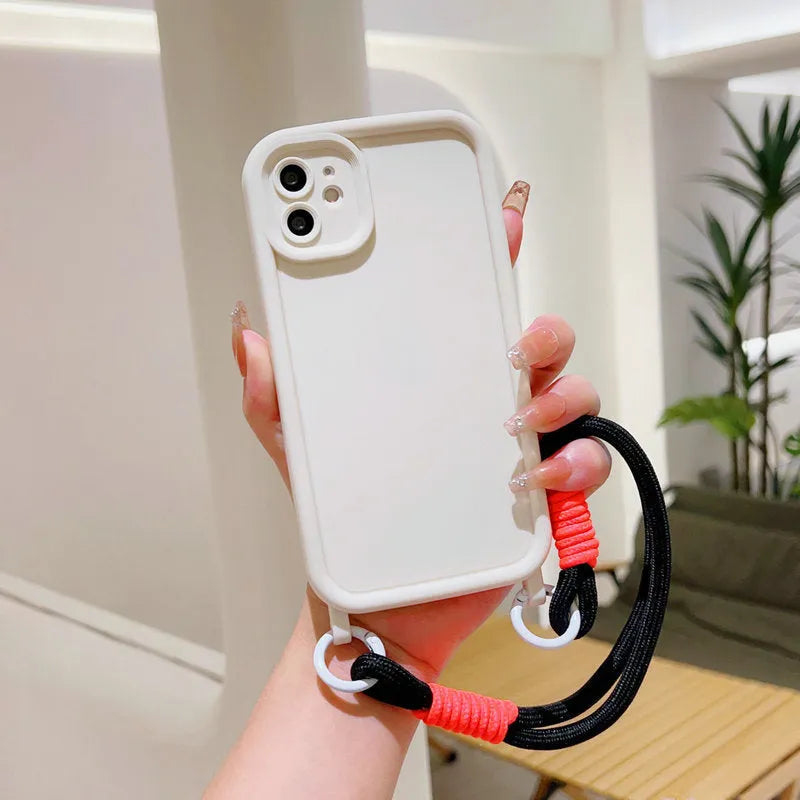 Liquid silicone phone case with lanyard for Apple iPhone black shell front view