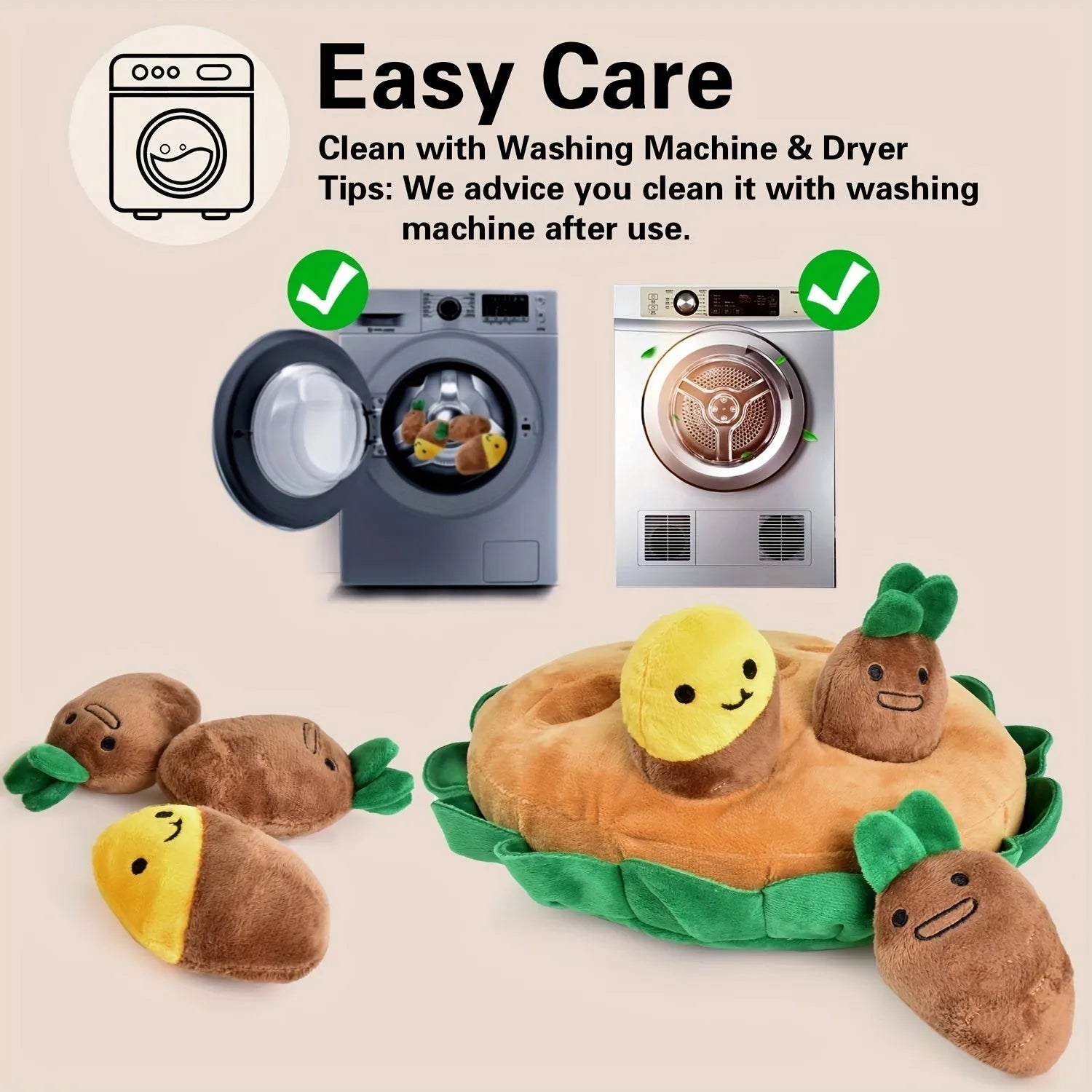 Yellow interactive dog puzzle toys with sniffing pads, feeding mats, and removable squeaky plush toys
