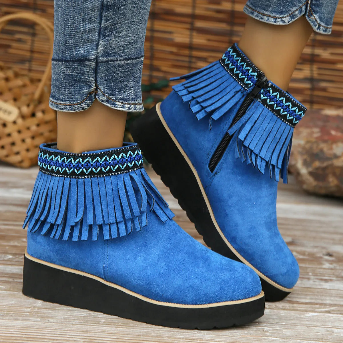 Women's black suede wedge boots with a side zipper and thick platform sole
