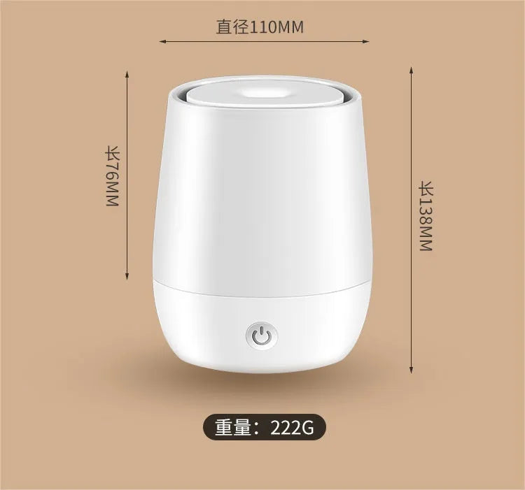 White USB aroma diffuser with flame simulation effect showing dimensions and Type-C charging port