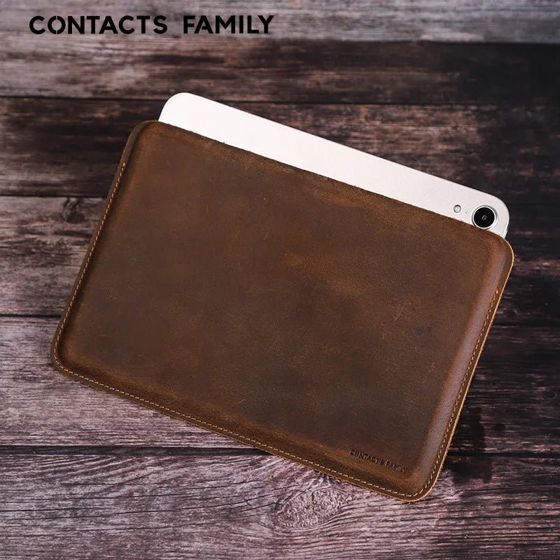 Genuine leather iPad protective case in brown horizontal orientation with handmade stitching