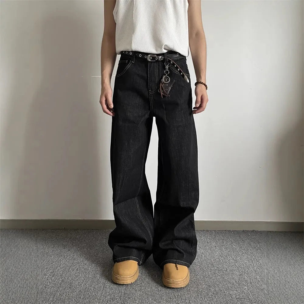 Black loose wide-leg retro denim jeans with straight-leg styling and mid-waist construction