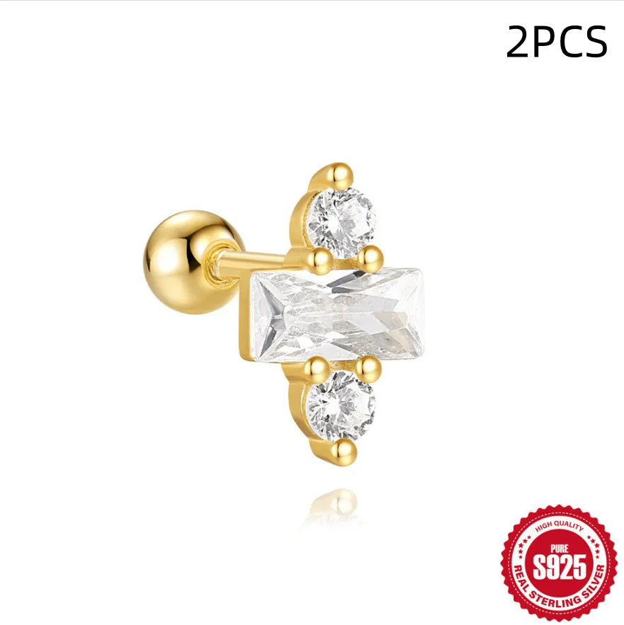 Close-up of S925 sterling silver square gravel flower stud earrings with a golden electroplated finish.