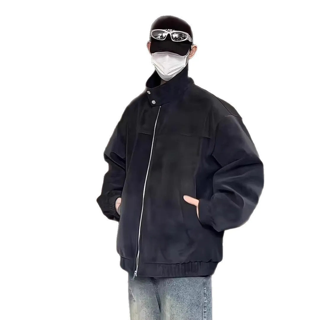 Grey tie-dye PU leather jacket with stand collar and side seam pockets