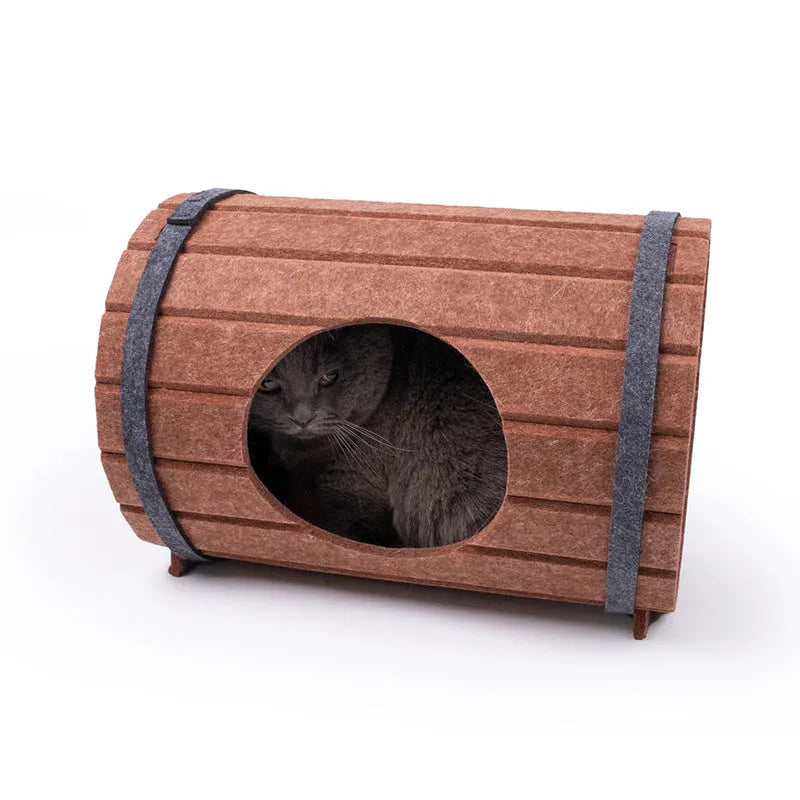 Assembled wine barrel pet bed made from polyester fibre felt for cats.