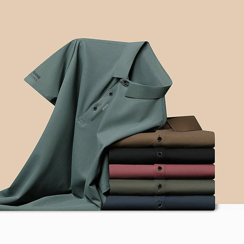 Men's waffle short sleeve polo shirt, loose fit, polyester, side slits, available in black, green, khaki, and other colours
