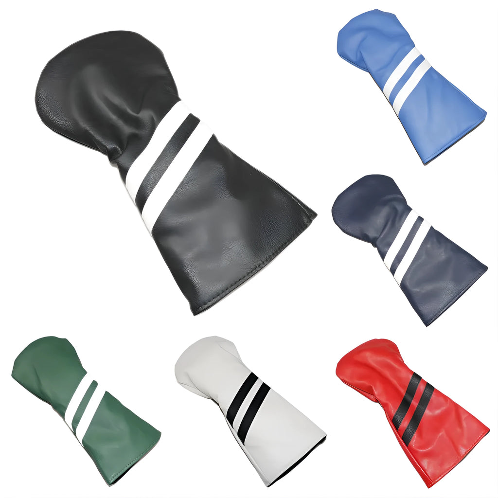 Blue golf club head cover with two white diagonal stripes, shown alongside red and black versions.