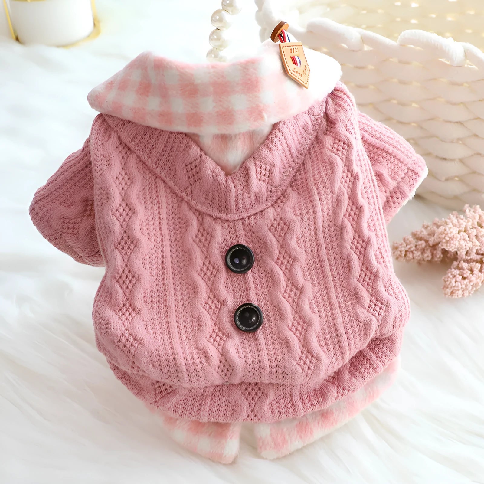 Blue wool plaid dog sweater with fleece lining shown in medium size on mannequin