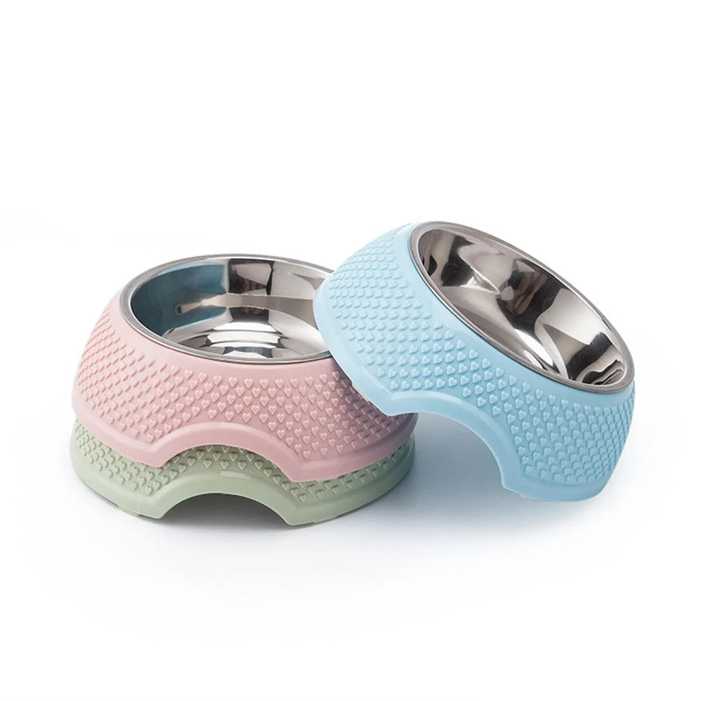 Square stainless steel pet bowl with a non-slip base in blue, green, and pink colour options