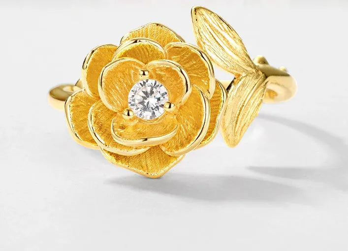 Women's 925 silver adjustable flower ring with 10k gold swimming paint electroplating, gold colour, retro design