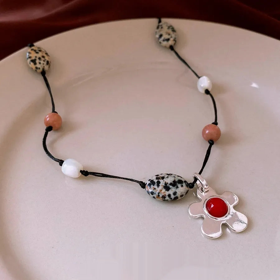 Stone shell beaded flower pendant necklace on adjustable 51-60cm clavicle chain