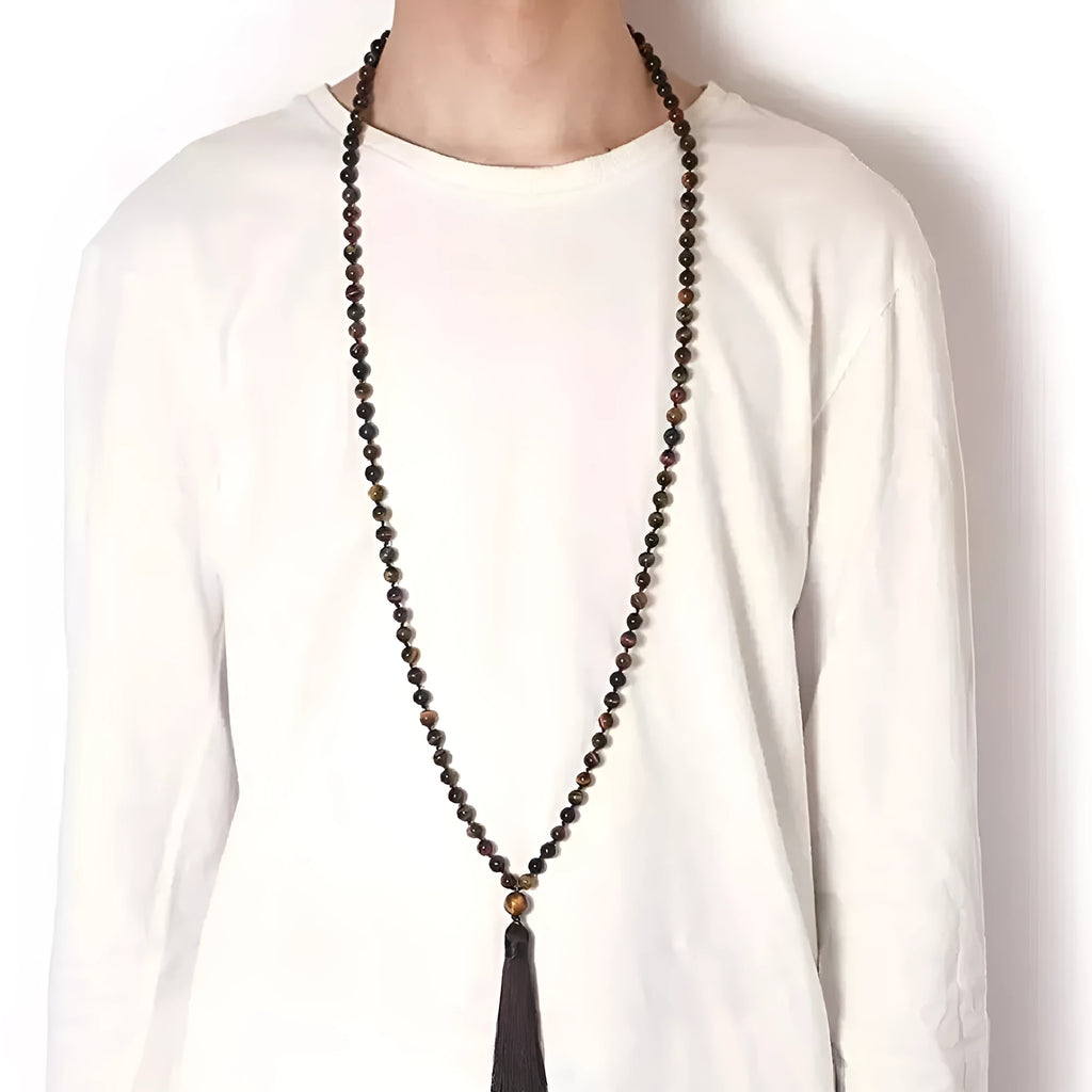 Geometric agate tassel necklace with colourful stone beads measuring 95-100cm in length