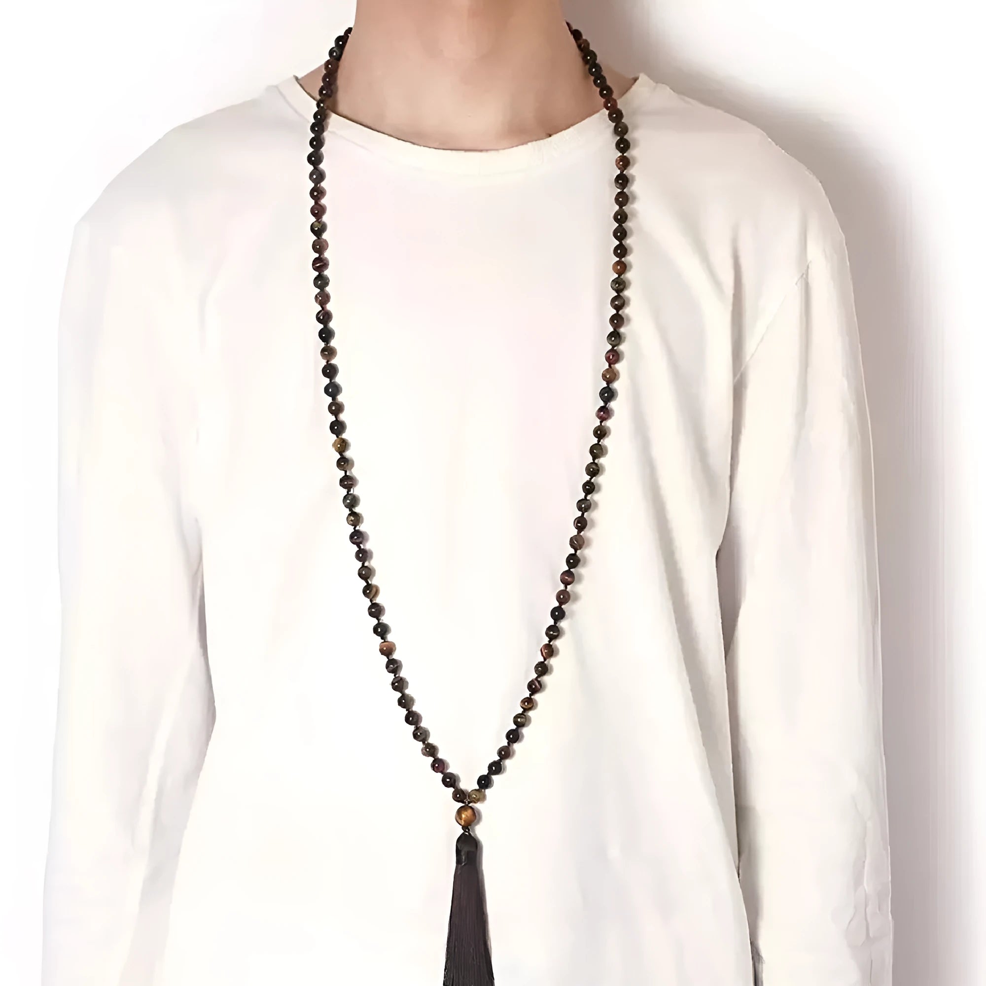 Geometric agate tassel necklace with colourful stone beads measuring 95-100cm in length